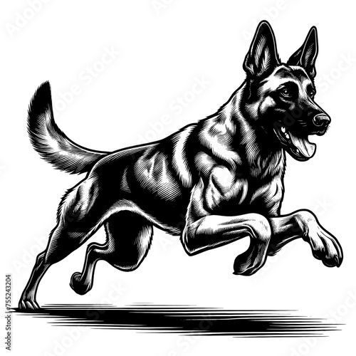 Full-length Malinois dog running. Hand Drawn Pen and Ink. Vector Isolated in White. Engraving vintage style illustration for print, tattoo, t-shirt, sticker 