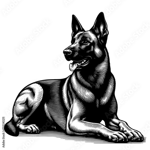 Full-length Malinois dog laying down. Hand Drawn Pen and Ink. Vector Isolated in White. Engraving vintage style illustration for print, tattoo, t-shirt, sticker	