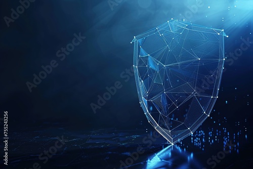 Shield low poly wireframe on dark blue background, theft prevention concept, cyber security, futuristic blue, beautiful