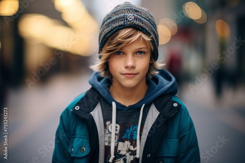 Portrait of a young boy in a winter hat on the street.