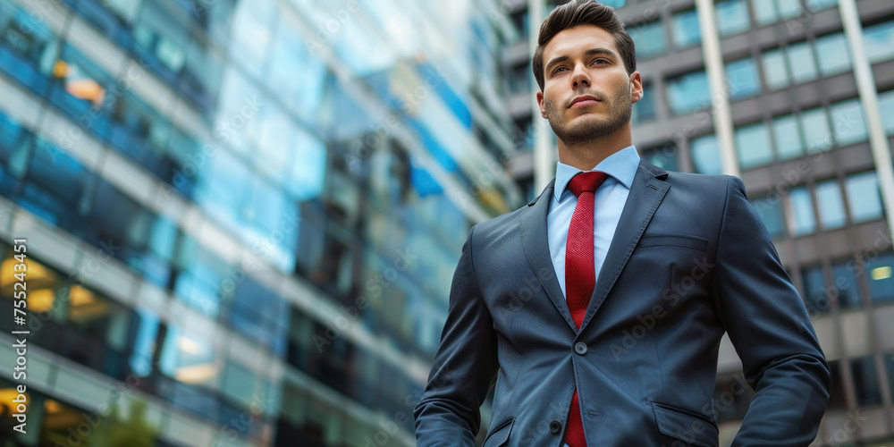 Businessman in Suit and Tie Standing in Front of Skyscrapers Building in Urban City Setting Businessman in Suit and Tie Standing in Front of Skyscrapers Building in Urban City Setting