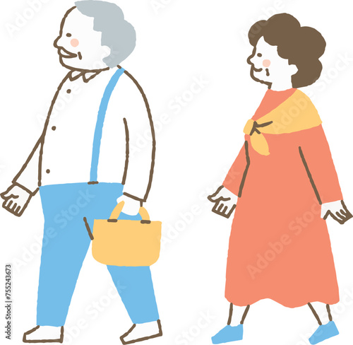 手提げバッグを持つお爺さんとお婆さん_色