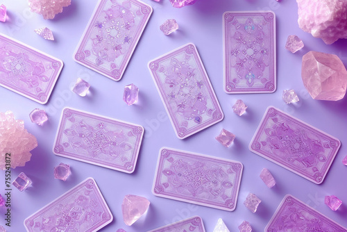 Mystical Purple Tarot Cards and Crystals on Purple Surface with Pink Background