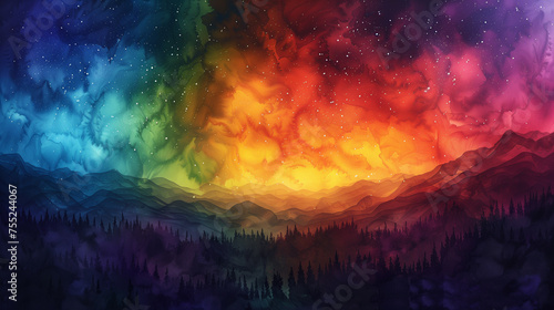 A detailed watercolor composition showcasing the beauty of a celestial aurora, with vibrant colors dancing across the sky.