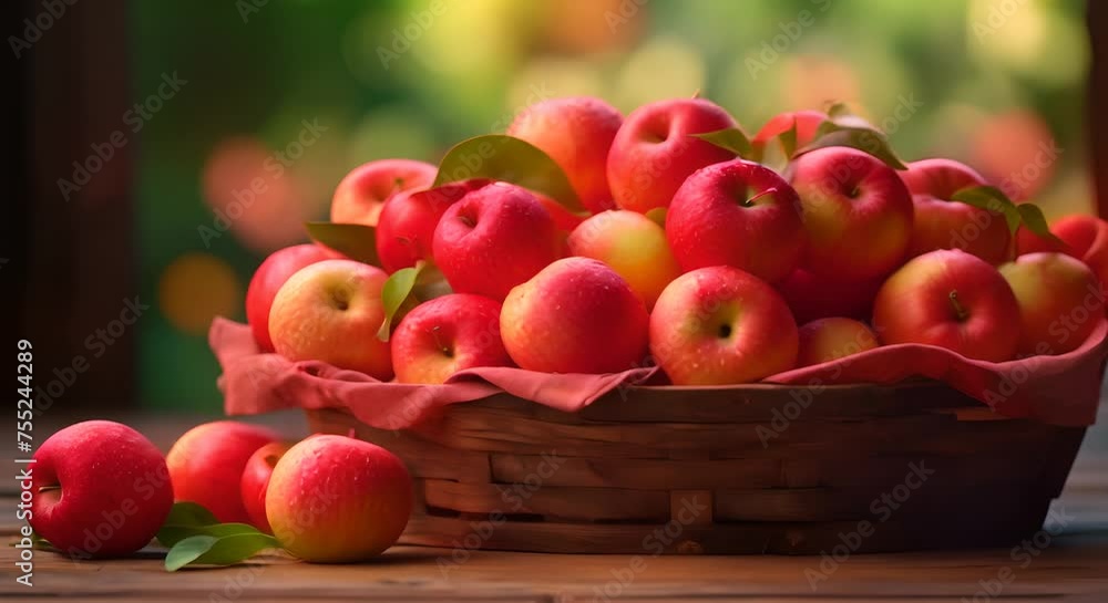 Freshly picked organic apples in a basket, space for text Freshly picked organic apples in a basket, space for text