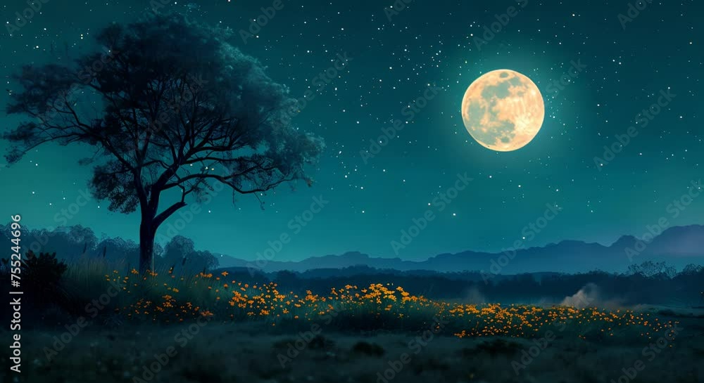 Moon over peaceful countryside, night stillness Moon over peaceful countryside, night stillness
