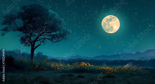 Moon over peaceful countryside, night stillness