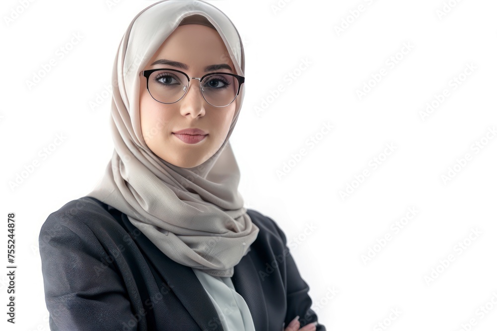 Portrait of a young muslim woman showing blank area for sign or copyspace - generative ai Portrait of a young muslim woman showing blank area for sign or copyspace - generative ai