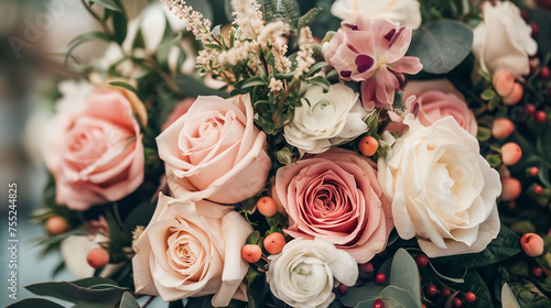 Romantic bouquet with a blend of soft roses and delicate wildflowers.