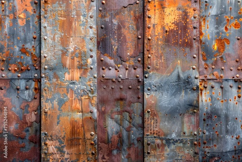 Vintage Corroded Metal Texture with Rust and Weathered Paint on an Old Industrial Wall Surface