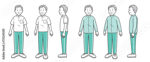 ジャージ姿で立つ高齢男性全身イラストセット