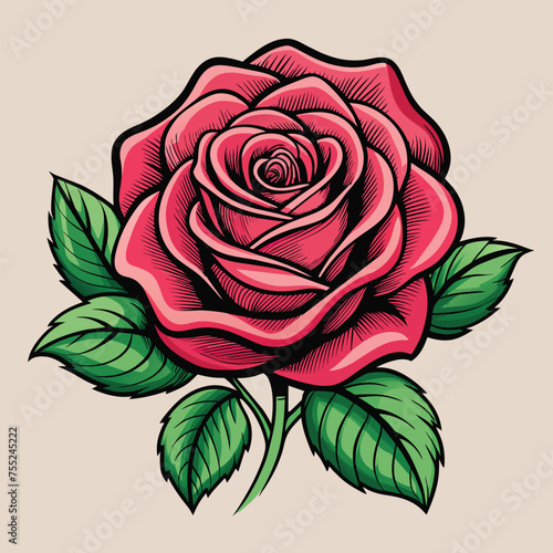 Retro a rose with green leaves for Tshirt Design