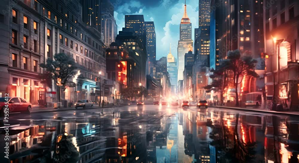 Rainy city street at night, reflections Rainy city street at night, reflections