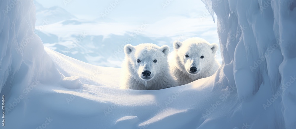 Two white polar bear cubs are sitting together in the snow. The young bears are surrounded by a snowy landscape, with one looking straight ahead and the other gazing off to the side. Two white polar bear cubs are sitting together in the snow. The young bears are surrounded by a snowy landscape, with one looking straight ahead and the other gazing off to the side.
