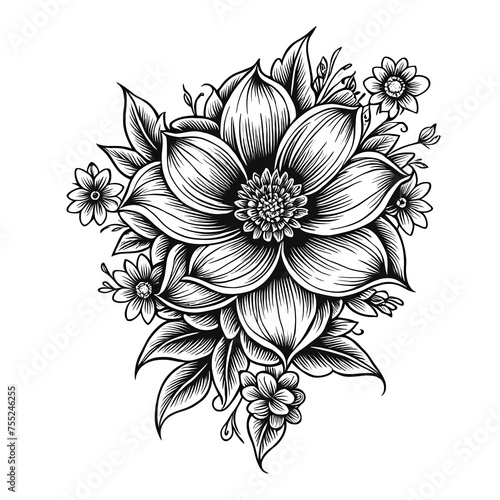 Detailed black and white flower tattoo design isolated on white background for body art enthusiasts