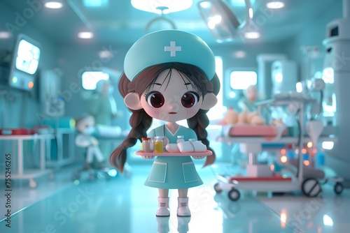 Cartoon Nurse in Pastel Medical Room Illustration