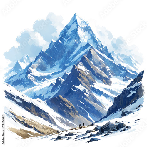 A mesmerizing illustration of a mountain range covered in glistening snow  with each peak and valley meticulously depicted in a digital painting  isolated on a white background