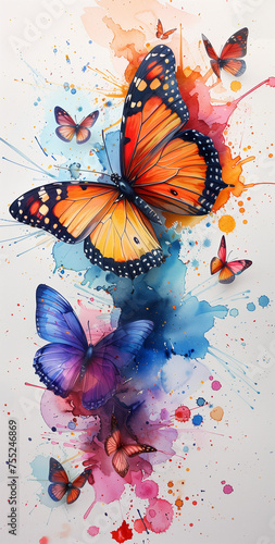 Watercolor painting of beautiful colorful butterflies on a white background. Butterflies emerge from a splash of color.