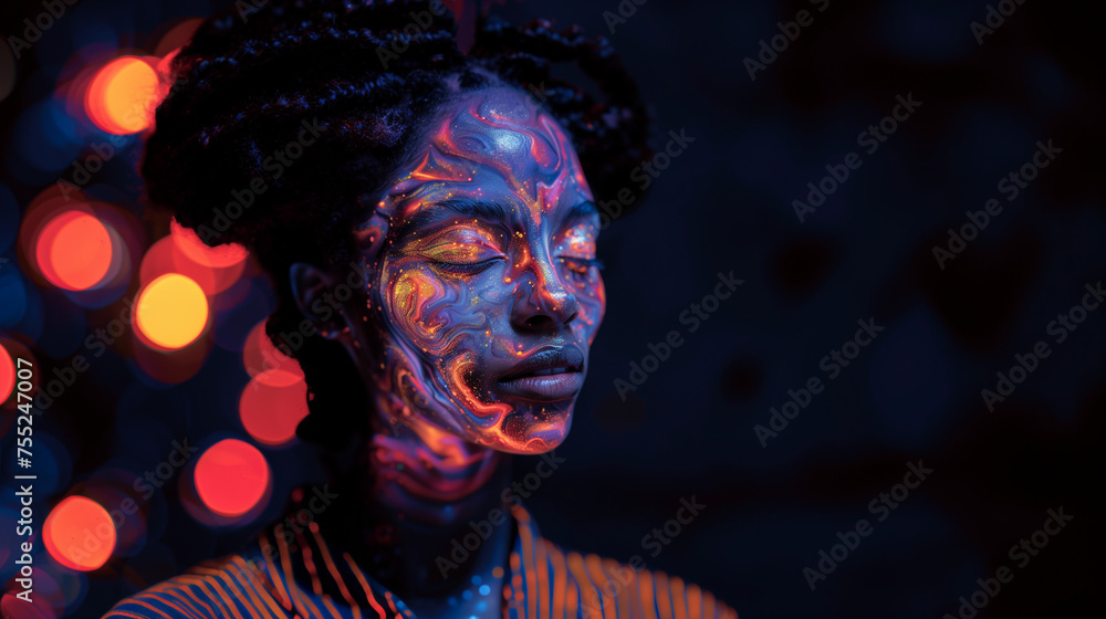 Portrait of a beautiful black female model with glow in the dark paint on her face. A girl with face painted in colorful marble glowing orange, pink and blue paint on a black copy space background. 
