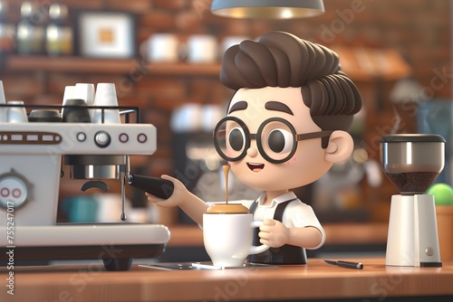 Cartoon Character Making Coffee in Stylish Kitchen photo