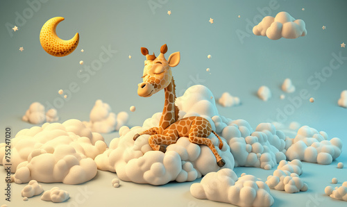 Animated baby giraffe sleeping on clouds on a blue background. In style of toy photography and baby nursery kid room wallpaper decor cartoon photo.