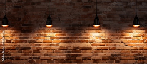 A modern brick wall featuring five sleek lights installed on it for interior design purposes, suitable for home, hotel, or office spaces.