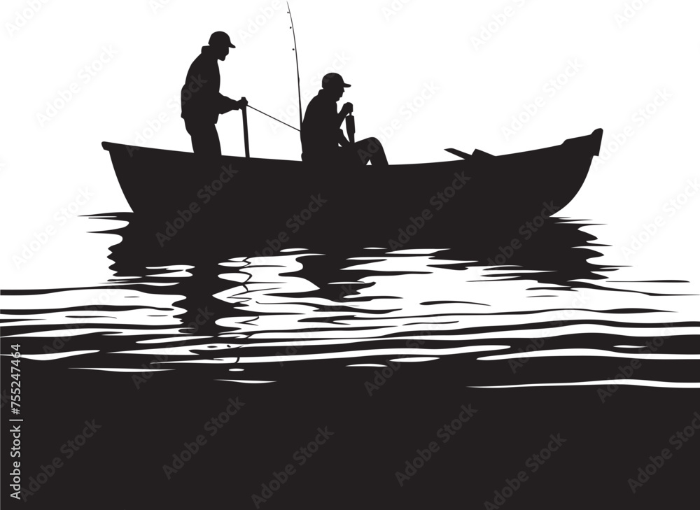 Bay Bounder Fisherman on Small Boat Vector Logo Design Shoreline Survivor Small Boat Fisherman Emblem in Vector