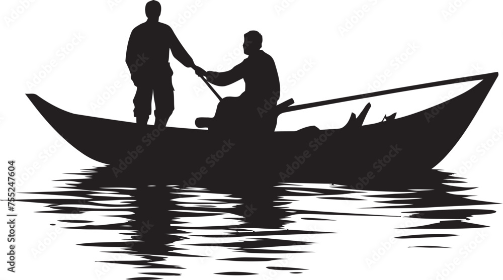 Naklejka premium Seafaring Silhouette Fisherman on Small Boat Vector Icon Harbor Hauler Small Boat Fisherman Logo in Vector