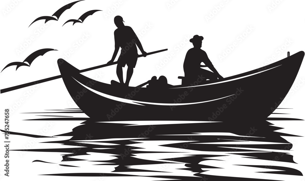 River Roamer Small Boat Fisherman Logo in Vector Coastal Conqueror Vector Logo Design with Fisherman on Small Boat