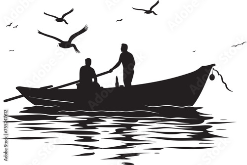 Trawlers Trail Fisherman on Small Boat Vector Icon Oceanic Odyssey Small Boat Fisherman Logo in Vector