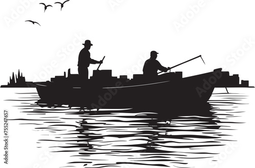 Coastal Conqueror Vector Logo Design with Fisherman on Small Boat Tide Tamer Small Boat Fisherman Emblem in Vector