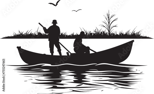 Tide Tamer Small Boat Fisherman Emblem in Vector Seafaring Silhouette Fisherman on Small Boat Vector Icon