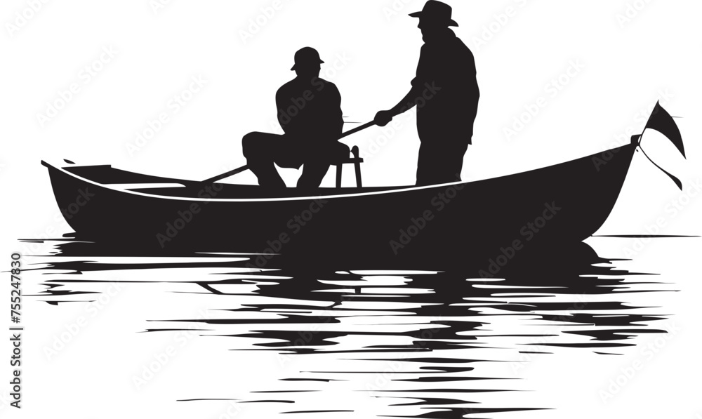 Shoreline Sentinel Vector Logo with Small Boat Waterside Wanderer Fisherman on Small Boat Icon Shoreline Sentinel Vector Logo with Small Boat Waterside Wanderer Fisherman on Small Boat Icon