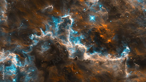 A majestic view of a starforming nebula with swirling gas clouds and bright stars dotting the cosmic landscape photo