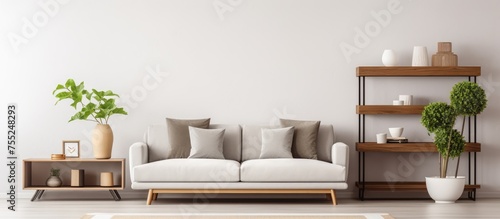 A vertical shot of a cozy living room featuring a white couch, a white rug, a coffee table, and a white shelf with home decor on the wall. The elegant interior design creates a welcoming atmosphere in