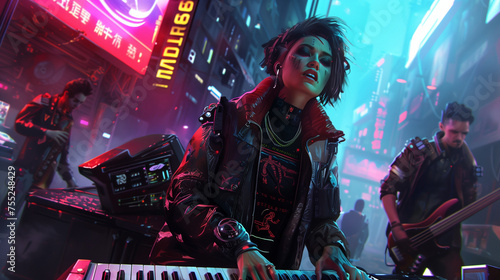 In a cyberpunk future, a woman with short hair, clad in a leather outfit, plays the synthesizer with her band during an outdoor concert on a neon-lit street at night.