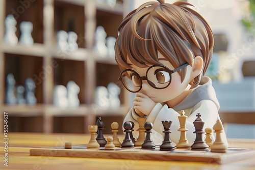 Cute Anime Character Playing Chess Game, To provide a captivating and engaging chess-themed anime illustration that showcases the strategic and
