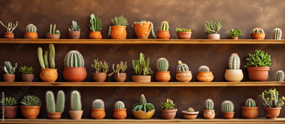 A shelf densely packed with various potted plants, including decorative cacti, creating a green and vibrant display in a room.