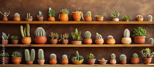 Wallpaper Mural A shelf densely packed with various potted plants, including decorative cacti, creating a green and vibrant display in a room. Torontodigital.ca