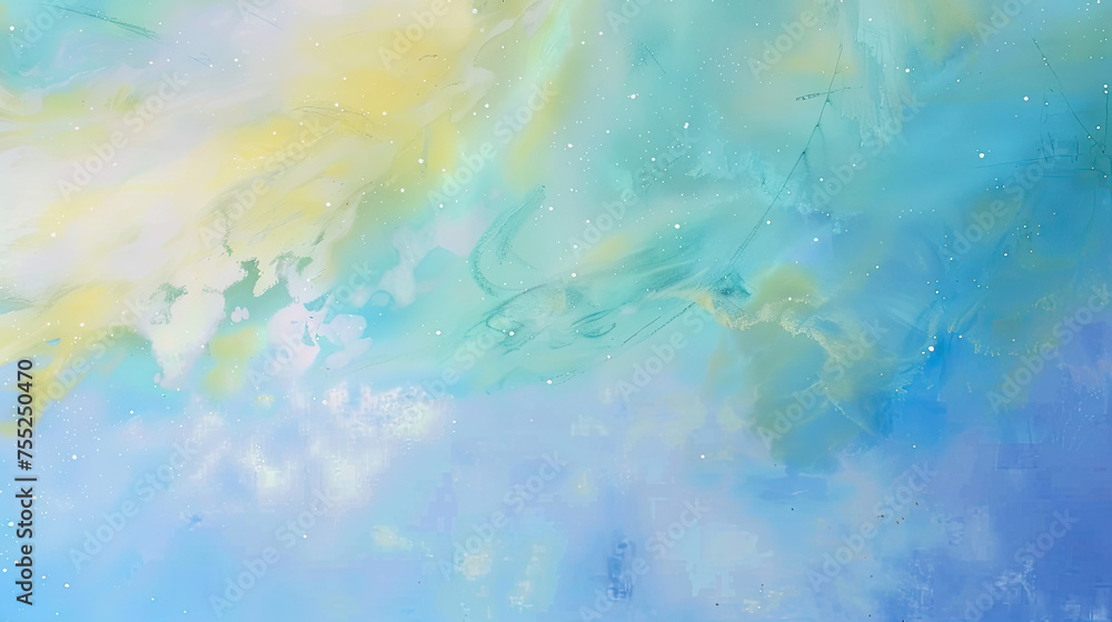 Abstract fluid art with swirling blue and yellow hues resembling a bright sky with hints of clouds and stars