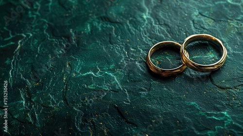 top view,minimalist background of Elegant and romantic green couple rings on a black jade floor. 