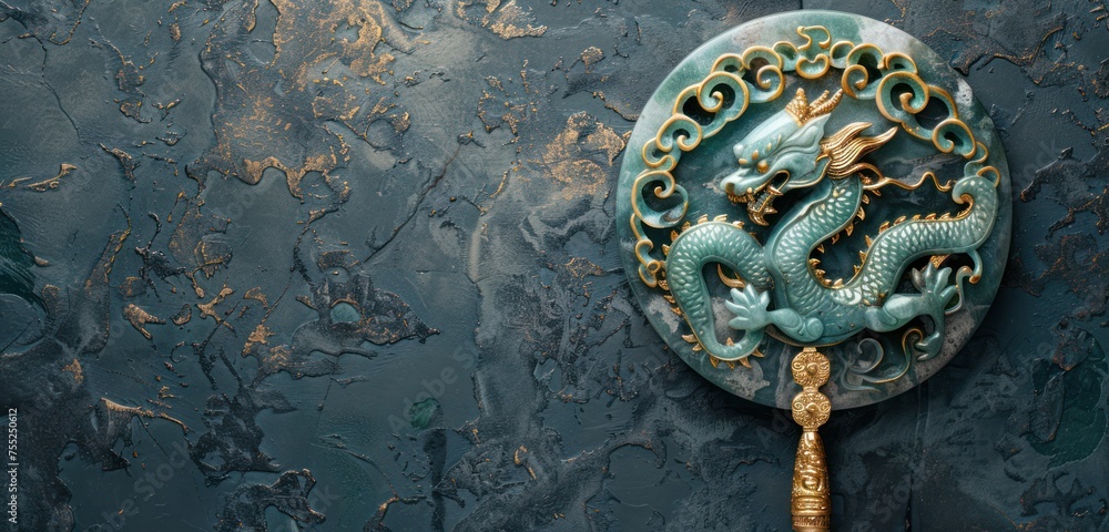 Naklejka premium top view,minimalist background of The Emperor Jade Seal, the Chinese Dragon, is made from jade and has a square base made of gold on a black jade floor,copy space