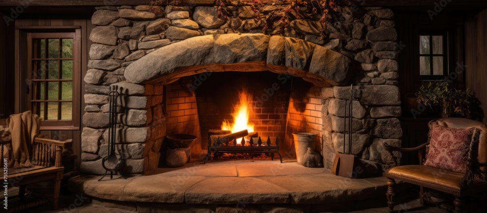Obraz premium A front view of a stone fireplace with a roaring fire burning inside, providing warmth and illumination in a rural house setting.