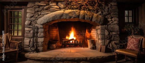 A front view of a stone fireplace with a roaring fire burning inside  providing warmth and illumination in a rural house setting.