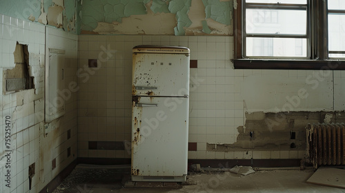 An old deteriorating kitchen with a vintage fridge peeling paint and a broken window in an abandoned building photo