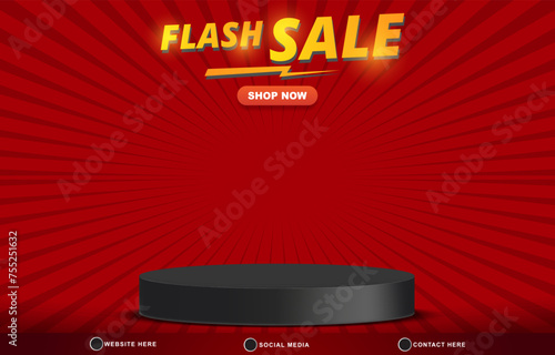 flash sale discount template banner with blank space 3d podium for product sale with abstract gradient red background design7