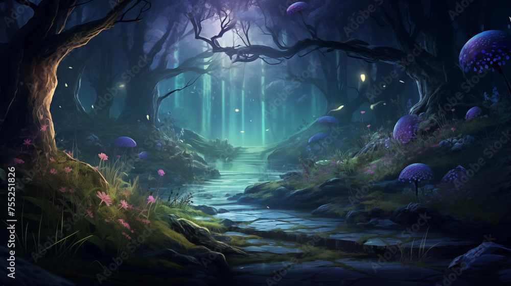 Enchanting Forest Pathway at Twilight - Mystical Landscape Art