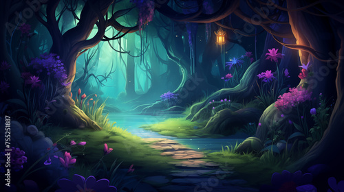 Tranquil Enchanted Forest Walkway with Luminous Flowers - Fantasy Art