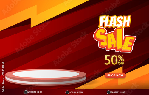 flash sale discount template banner with blank space 3d podium for product sale with abstract gradient red and orange background design4