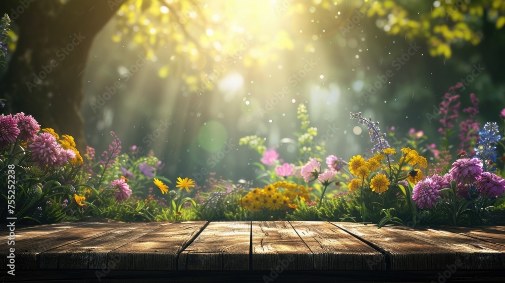 Obraz premium Wooden boards for product display in a spring natural environment with flowers